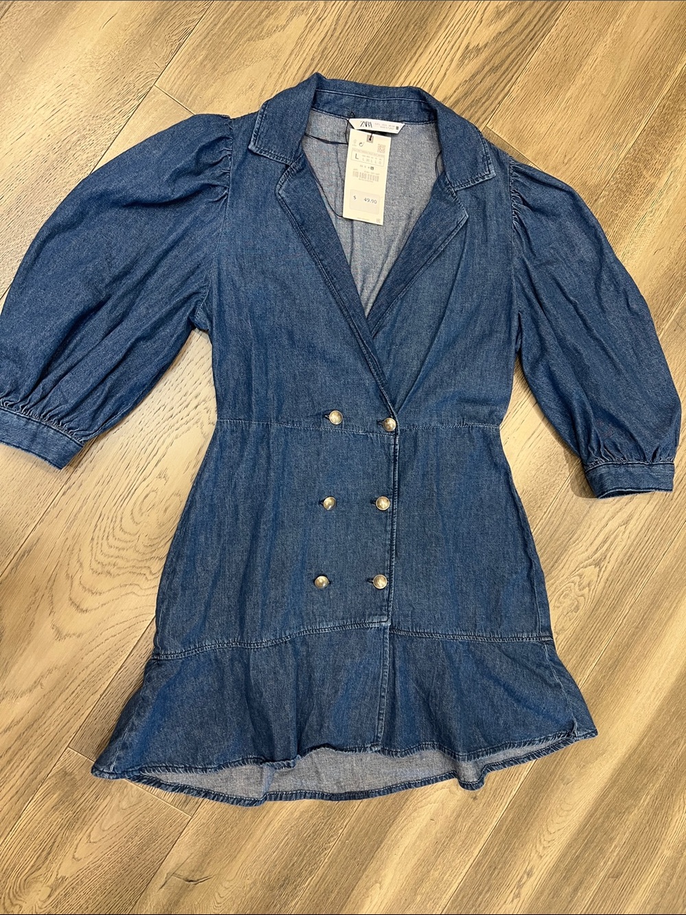 Zara Dark Blue Denim Double-Breasted Puff Sleeve Mini Dress